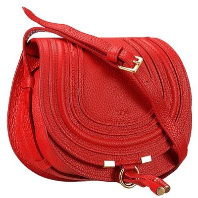 Chloe Marcie Elegant Style Red Leather Flap Bag Adjustable Shoulder Strap 