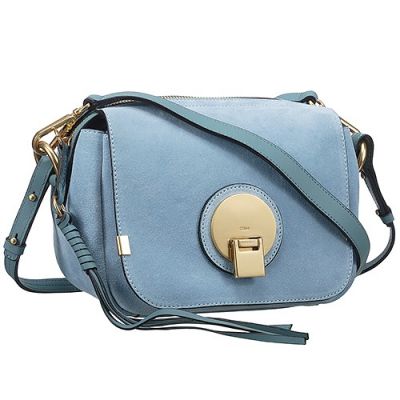 Chloe Indy Womens Blue Leather Clone Camera Bag Yellow Brass Buckle 