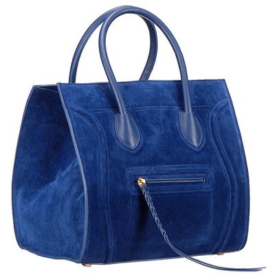 Fake Name Grand Celine Phantom Blue Suede Leather Luggage Tote Top Handle 