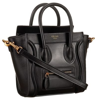 Classic Celine Black Nano Luggage Ladies Shoulder Bag Yellow Brass Zipper Pocket 