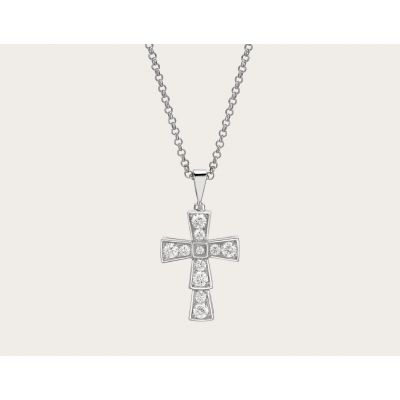 Luxury Replicated Bvlgari Croce 18K White Gold Full Diamonds Small Cross Pendent Necklace 354038 CL858121