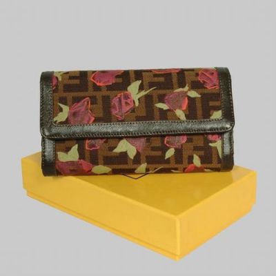 Fendi F Fabric With Rose Print Leather Lining Long Womens Folding Wallet Two Transparent Card Slots 