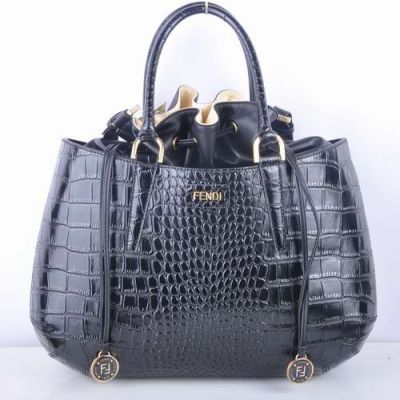 Women's Large Black Fendi B Fab Crocodile Shoulder Bag Top Handle Leather String With Golden Trimming 