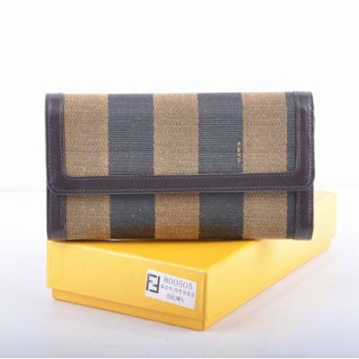 Simple Fendi Coffee Leather With Striped Fabric Long Flap Ladies Fake Wallet Zipped Purse  