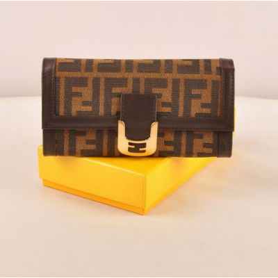 Fendi Yellow Brass Buckle Coffee F Print Fabric Long Flap Wallet For Womens Leather Edge