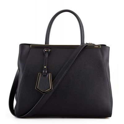  Fendi Vitello Elitel Black Leather 2Jours Shopping Bag Arrow-shaped Trimming Rounded Handle For Womens 