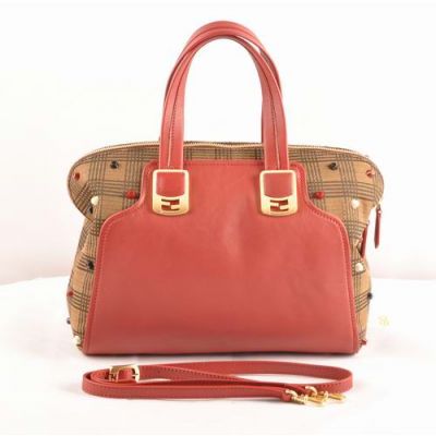 Women's Fendi Chameleon Red Leather & Brown Damier Fabric TOP Handle Double Pull Zipper Studded Handbag  