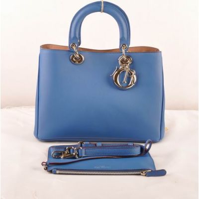Latest Dior "Diorissimo" Ladies Baby Blue Medium Original Leather Golden Hardware Tote Bag Slip Pocket 