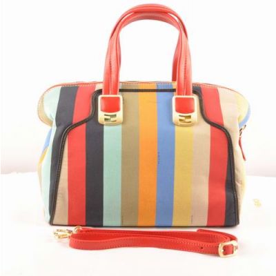 Fashion Fendi Red Leather Top Handle Ladies Chameleon Colorful Striped Fabric Brass Logo Buckle Zipper Totes 