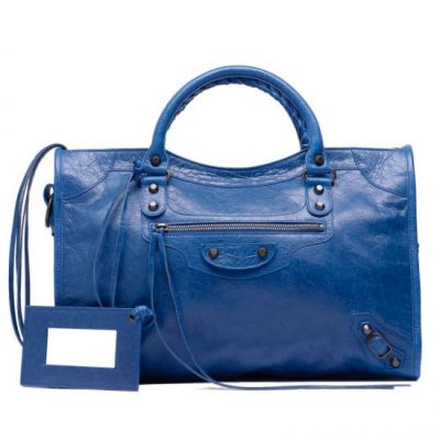 Balenciaga Classic City Leather Tassel Aged Brass Buckle Trimming & Studs Blue Cobalt Tote Bag For Womens 