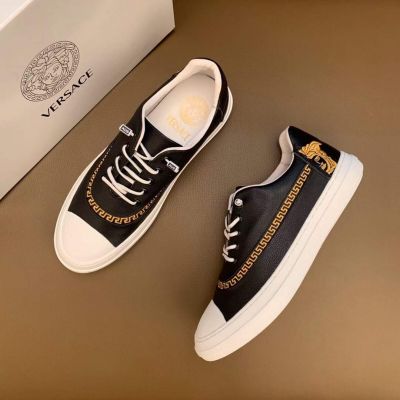 Classic Versace Luxury Gold Greca Pattern Medusa Embroidery Heels Men's Black Grain Calfskin Leather Lace-up Loafers
