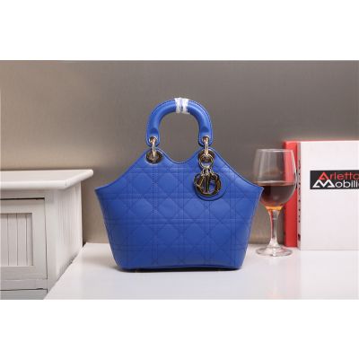 Women's Christian Dior Top Handle Golden D.I.O.R Charm Sapphire Blue Calfskin Cannage Tote Bag UK Price