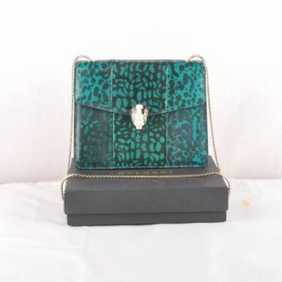 Bvlgari Serpenti Top Quality Women's Silver Gemmy Lock Snakeskin Leather Green And Black Shoulder Bag