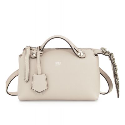 Fendi Ladies Crystal Mini By The Way White Leather Zipper Boston Bag Arrow-Shaped Charm Removable Handle 