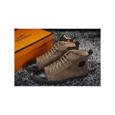 Hermes Gray Suede Leather "Ex Libris" Detail Lace-up High-top Sneakers For Mens & Womens Spring/Fall