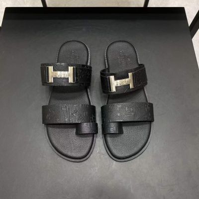 Hermes Fashion Silver H Buckle Open Toe Logo Printing Male Cow Leather Flat Slippers For Sale Online 