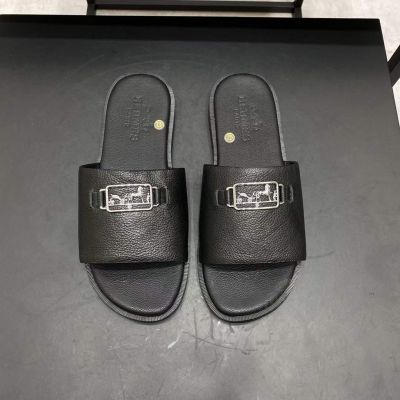 Men's Fashion Hermes Silver Plated Logo Signature High End Calfskin Leather Flat Slipper Price Online