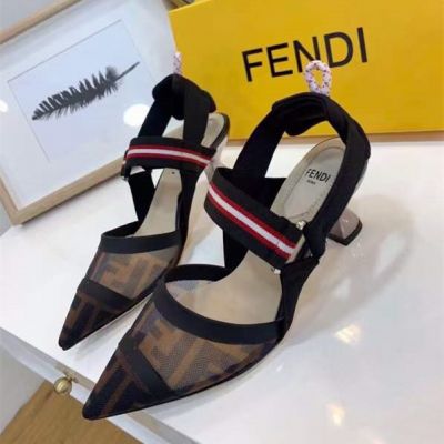 Summer Popular Fendi F Logo Pattern Cusp Toe Brown Mesh Sandals For Ladies 5.5 Heels Sandals