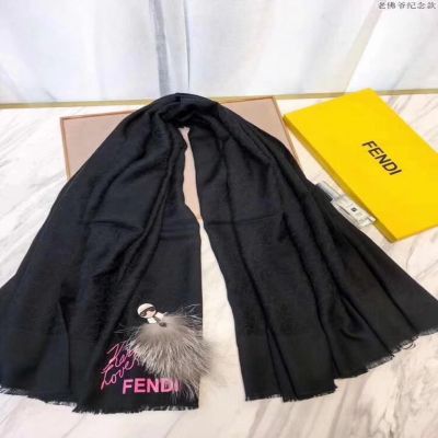 Fendi Karlito Black Cashmere Scarves Wraps Pink Logo Lambkin Applique Fox Fur Gift For Women