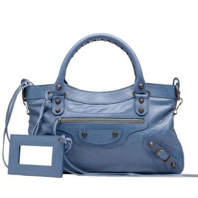 Classic Balenciaga Ladies First Blue Leather Tassel Aged Brass Studs Clone Tote Bag Outlet