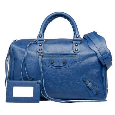 Good Reviews Balenciaga Ladies Aged Brass Studs Bleu Cobalt Leather Zipper Crossbody Bag  Sell 
