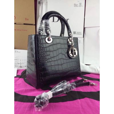 High End Dior Top Handle Silver Hardware "Lady Dior" Black Leather Totes Bag Narrow Strap 