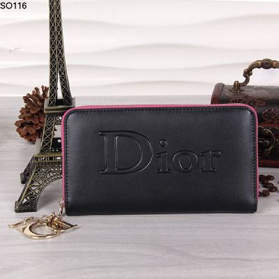 Hot Selling Dior Rose Gold D.I.O.R Trim Zipper Black Leather Wallet 