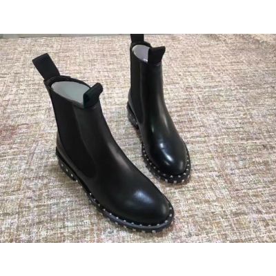 In Valentino Black Calfskin Leather Womens Slip-On Winter Flat Studs Boots Round Toe Martin Booties 