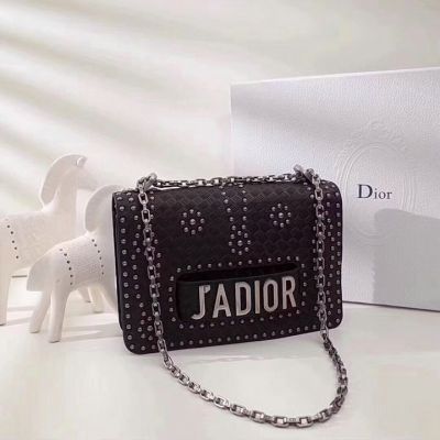 New Style 2018 Replica Dior J'ADIOR Black Calfskin Leather Studded Flower Motif Flap Closure Chain Shouder Bag Price M8000VLAE_M47R