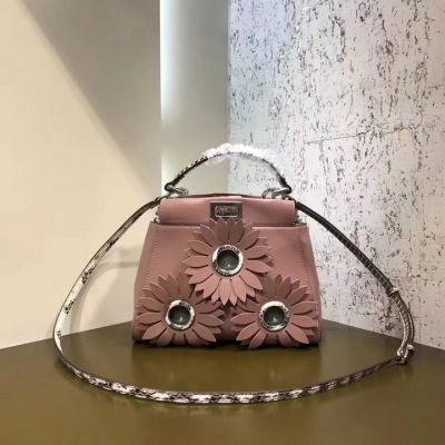 New Fendi Peekaboo  Micro Bag Embossed Daisy Flower Pink Calfskin Leather Removable Shoulder Strap 