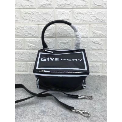 New Style Givenchy Small Pandora In Black Calfskin Leather White Printed GIVENCHY Signature Zippered Closure Adjustable Strap 