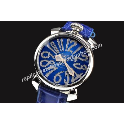 Gaga Milano Manuale 40mm Ladise Blue Face White Gold Leather Strap Watch 