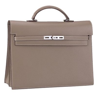 Hermes Kelly Grey Leather Ladies Flat Handle Flap Totes Briefcase Belt Strap With Silver Lock 