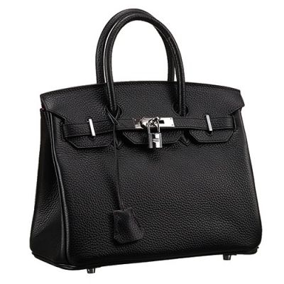Hermes Brikin 30 Black Grained Leather Female Silver Buckle Handbag Pink Lining For Discount 
