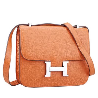 2017 New Orange Grained Leather Hermes Constance Silver H Buckle Womens Saddle Bag Flip-over Flap 