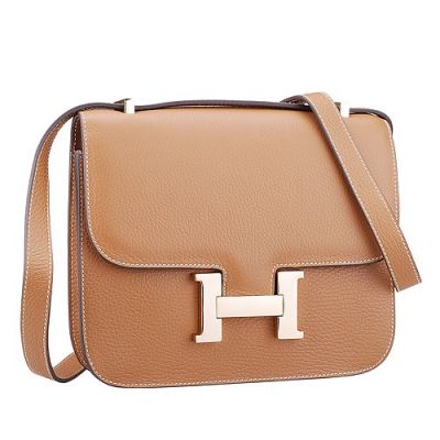Hot Selling Hermes Constance Tan Cowhide Leather Wide Strap Golden Hardware Ladies Flap Handbag  