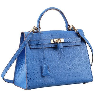 Hermes Kelly 32CM ladies Large Volume Blue Ostrich Leather Crossbody Bag Blue Lock Rounded Top Handle 