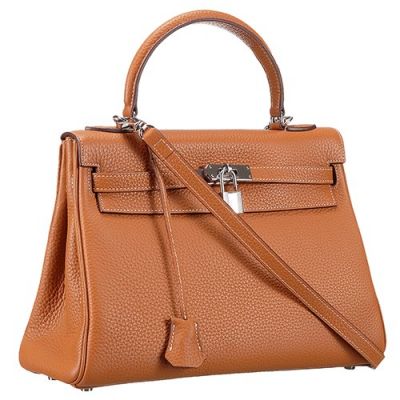 Small Hermes Kelly Leather Trimming Silver Clasp Brown Grained Leather Clone Tote Bag Online Shopping 