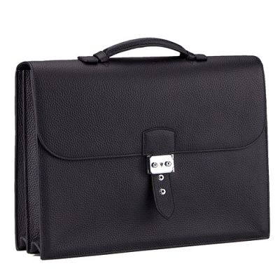 Hermes H063012CK89 SAC A Depeche Black Leather Business Flap Handbag Padded Top Handle For Mens 