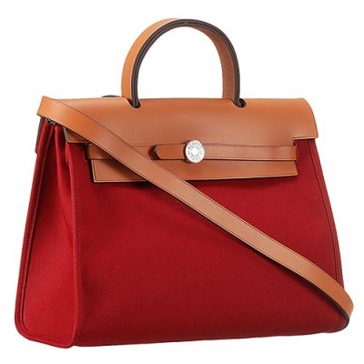 Low Price Hermes Dark Red Canvas Handbag Brown Leather Small Flip-over Flap Silver Hardware 