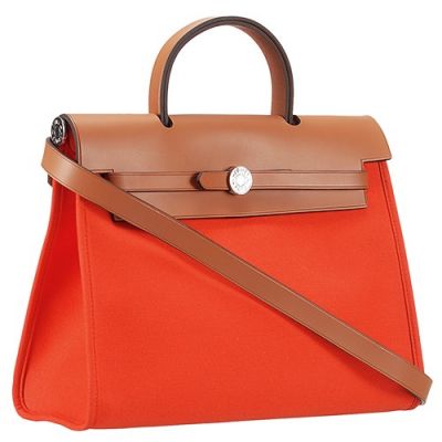 Hermes Herbag Canvas-Leather Belt Shoulder Bag Small Flip-over Flap For Women's Orange - Brown