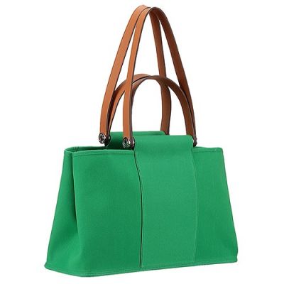 Fashion Green Hermes Herbag  Canvas Totes Brown Leather  Flat Handle & Short Shoulder Strap 