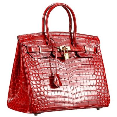 Cheapest 35CM Medium Hermes Birkin High End Red Crocodile Leather Golden Lock Ladies Tote Bag