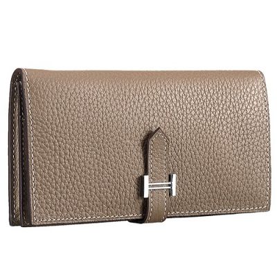 Hermes Bearn H039078CK18 Ladies Etoupe Calf  Leather Long Wallet Narrow Central Flip-over Flap For Sale 