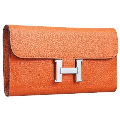 AAA Quality Hermes Constance Ladies Orange Grained Leather H Flap Wallet Zipped Purse With Padlock 