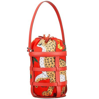 Spring Hot Selling Hermes Musardine Red Leather Drawstring Bag Red Silk With Leopard Pattern 
