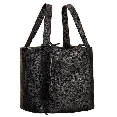 Hermes Picotin Cheapest Large Volume Black Leather MM Bucket Bag Flat Handle Square Buttom For Ladies 