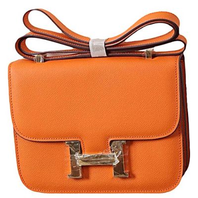  Orange Leather Hermes Mulit-use Constance Flap Handbag Golden H Logo Buckle For Sale 