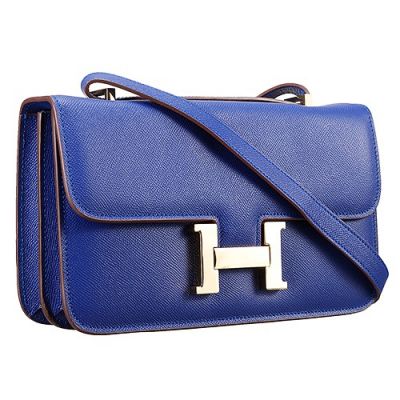 Vintage Ladies Hermes Constance Electric Blue Leather Long Elan Bag Golden H-shaped Buckle Summer Wear