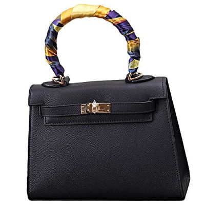 Black Ladies Silk Twining Handle Hermes Kelly  Flap Tote Bag Removable Shoulder Strap Golden 